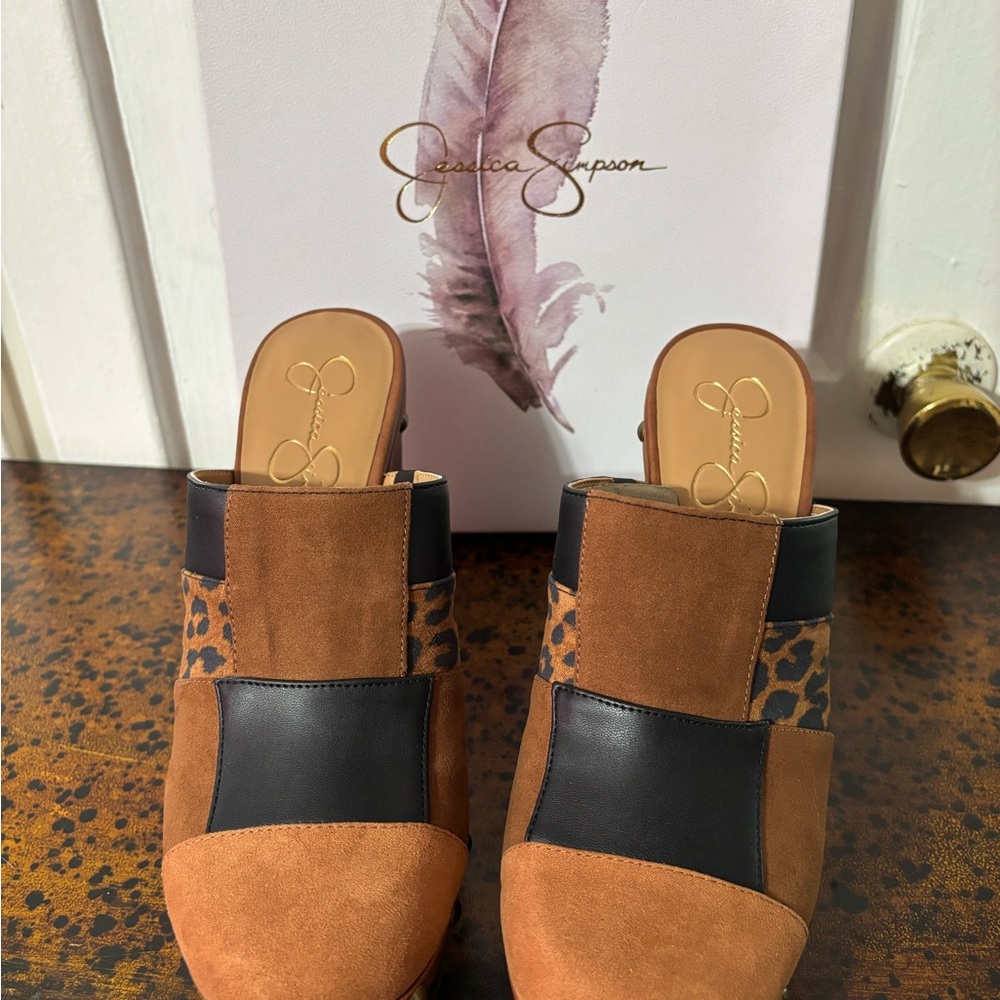 Jessica Simpson Brown Suede Mules with Black and Leopard Panels
